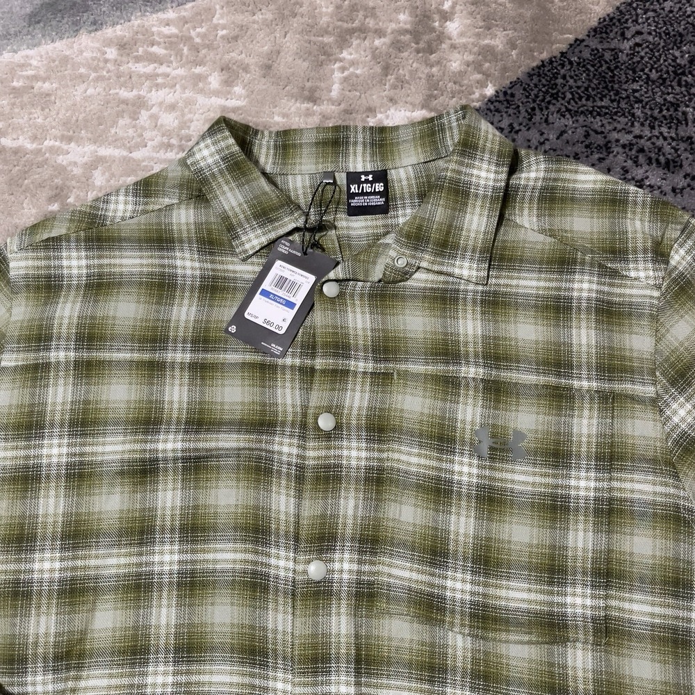 Under Armour UA Tradesman Flex Flannel Shirt Men XL‎ Green Plaid Snap Button NEW